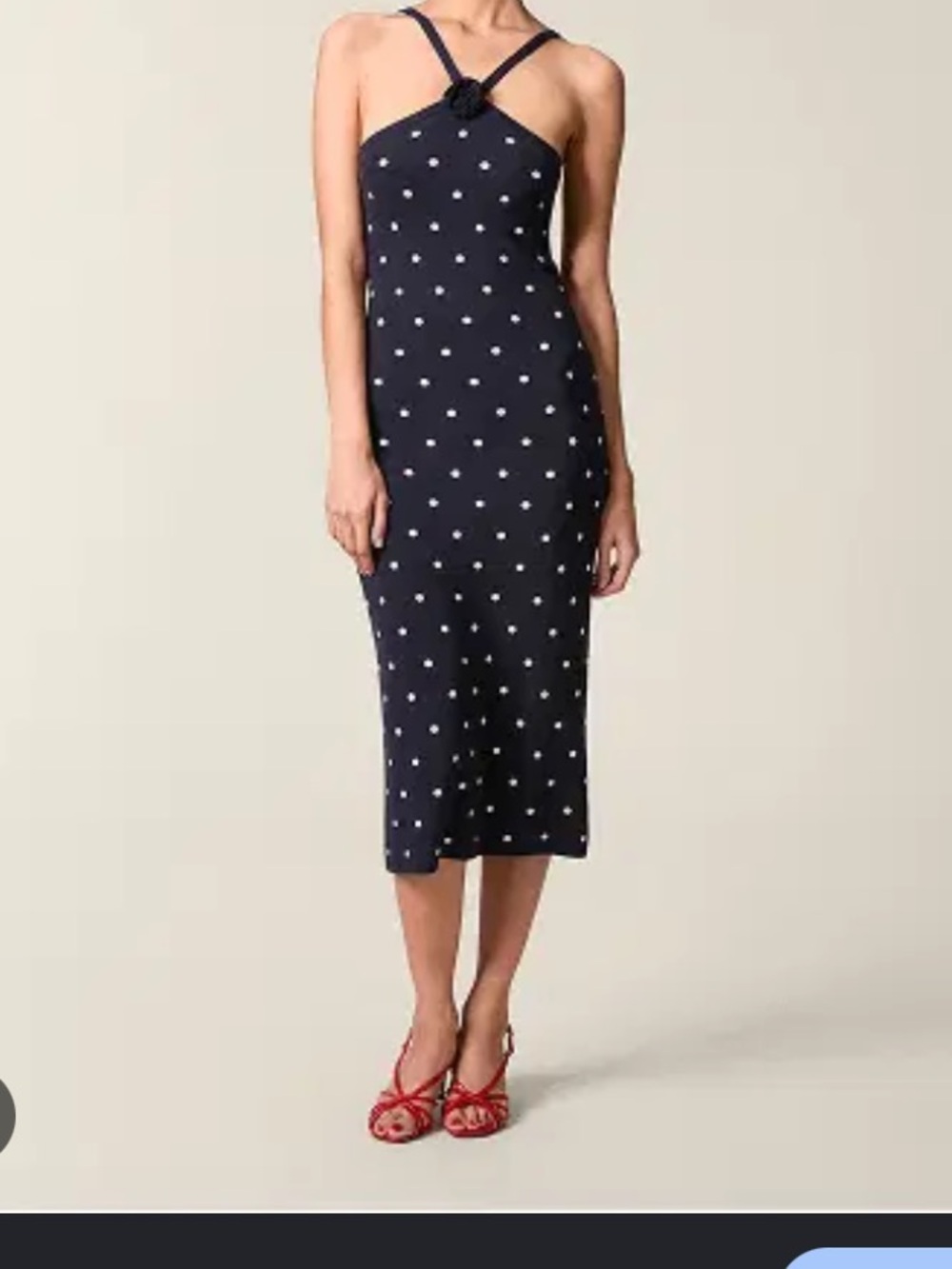 Rouje Laeticia Polka Dot Navy Midi Dress with Knot Halter knit